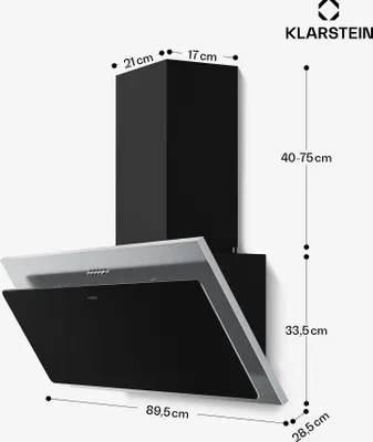 Obrázek produktu pro Klarstein Alessia šikmá digestoř - 90 cm digestoř, nerezová ocel a černé sklo, 417 m³/h, A+++, LED osvětlení, 3 úrovně a Boost, recirkulace a odsávání vzduchu, tichá, kuchyňská digestoř