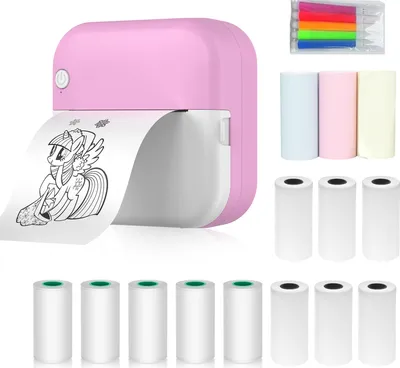 Produktbild von Mini-Drucker, Thermodrucker, Bluetooth Fotodrucker fuer Smartphone mit 9 Papierrollen 57 mm + 5 selbstklebende Papierrollen + 5 Stueck Farbmarker, kompatibel mit iOS Android,Rosa