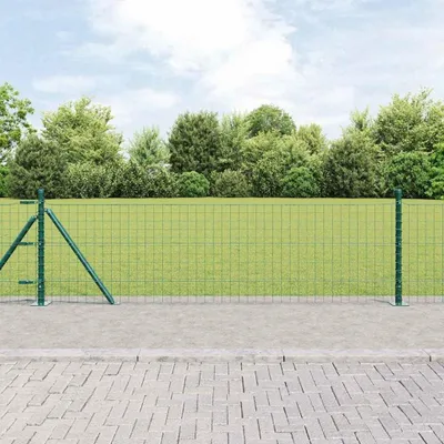Produktbild von Zaunpfosten zum Einbetonieren, 7er Set aus grün pulverbeschichtetem Stahl mit Betonbasis für die Zaunmontage im Garten