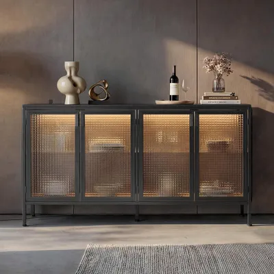 Image de Vitrine basse avec éclairage LED, couleur noire, dimensions : 150 x 40 x 80 cm