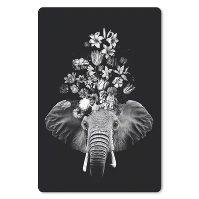 Produktbild von MuchoWow® Mauspad Mousepad Elefant mit Blumen vor schwarzem Hintergrund - schwarz und weiß 18x27 cm - Mousepads - Maus Mat - Pad - Mausunterlage