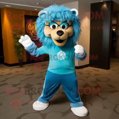 Produktbild von Blaugrüner REDBROKOLY Löwe Maskottchen Kostüm charakter bekleidet mit Capri-Hosen und Stirnbändern