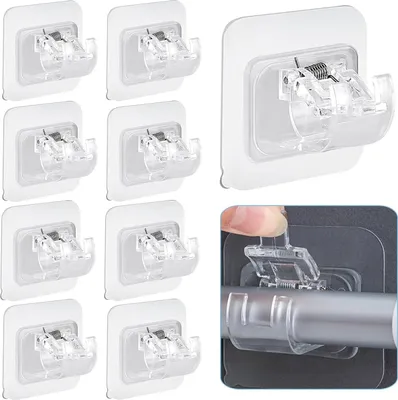 Produktbild von 10 Stück Selbstklebende Gardinenstangenhalterung, Nagelfreie Verstellbare Stangenhalter Handtuch Stangen Haken Vorhänge Haken Halter für Wohnzimmer, Schlafzimmer, Bad, Hotel (Transparent)