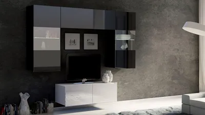Produktbild von Wohnwand CALABRINI-10 Wohnzimmer-Set Hängewohnwand Schrankwand mit LED-Beleuchtung TV-Schrank Vitrine Moderne Anbauwand Hochglanz (Schwarz / Weiß)