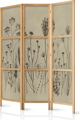 Produktbild von Paravent 135x172 cm 3-teilig einseitig eleganter Sichtschutz Raumteiler Trennwand Raumtrenner Holz Design Motiv Deko Home Office Botanik Abstrakt Natur b-A-10443-bh-a