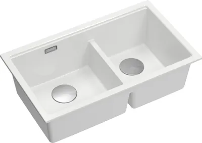 Produktbild von QUADRON Spülbecken 2-Becken Spüle | Größe: 78 x 50 x 23,5 cm | LOGAN 120 | Unterbauspüle Granitspüle aus GraniteQ mit Siphon | Weiß + Stahl PVD