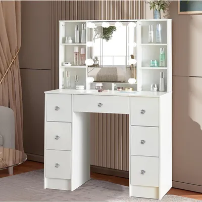 Image de Puselo Coiffeuse avec éclairage et miroir 100x40x140cm