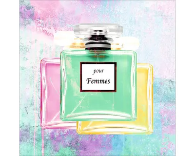 Produktbild von Glasbild Essences I mit Parfumflakons vor abstraktem Hintergrund, 20x20 cm