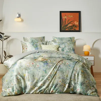 Produktbild von Satin Bettwäsche 135x200 cm 4-teilig Bunt Blumenmuster mit Reißverschluss
