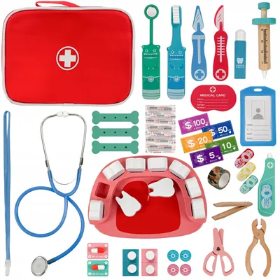 Immagine prodotto di Kit dentista per bambini in legno con valigetta e dentiera da 10 denti – gioco del dottore, set medico giocattolo, studio dentistico