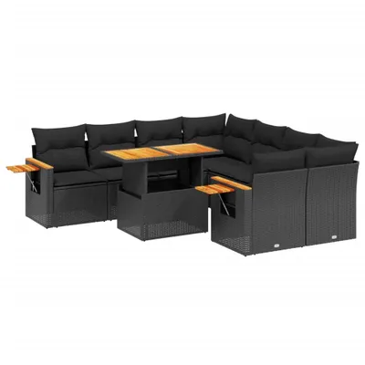 Produktbild von Modulares Garten-Loungeset, 9-teilig, mit verstellbarem Tisch, klappbaren Ablagen, Poly Rattan Schwarz, abnehmbare waschbare Kissen