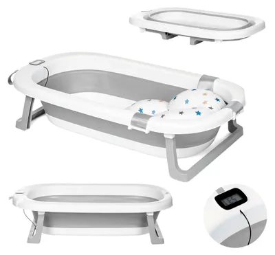 Produktbild von Babybadewanne mit integriertem Thermometer und Badekissen - Anti-Rutsch, faltbar, platzsparend, für 0-2 Jahre - 80 cm x 52 cm x 20 cm, Grau