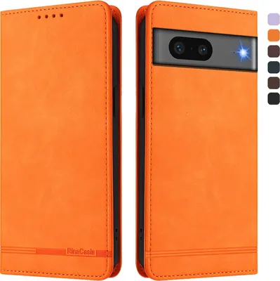 A product shot of an orange phone case, shown open and closed, with a color swatch palette on the right.
