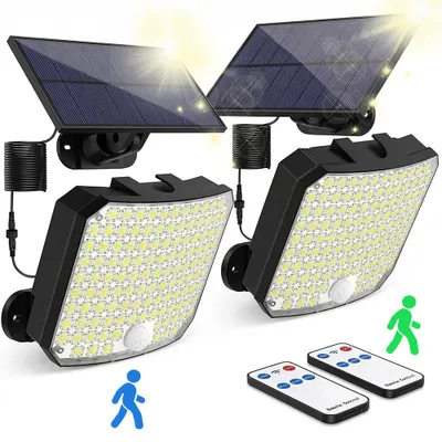 Produktbild von 2x 118 LED Solarstrahler mit Bewegungsmelder Fernbedienung Solar Außenleuchte Flutlicht mit 5M Kabel Kaltweiß Für Außen Wandleuchte Gartenleuchten