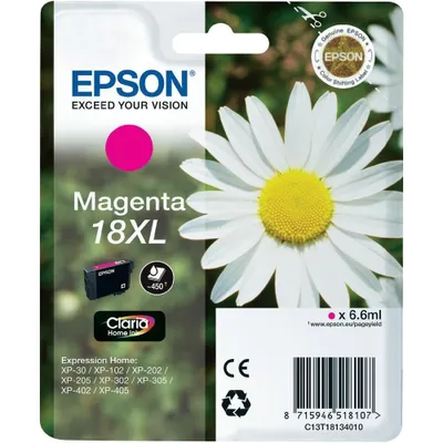 The packaging for an Epson 18XL magenta ink cartridge, featuring a daisy.