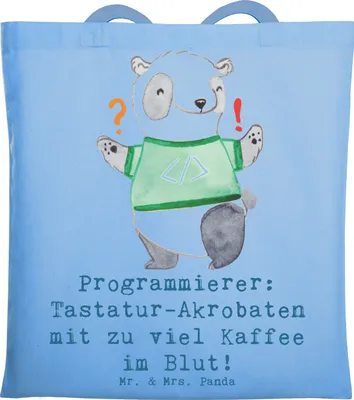 Produktbild von Mr. & Mrs. Panda Tote Bag Programmierer Kaffeeheld - Sky Blue - Geschenk, Akrobat, Geschenke für Berufstätige, Tasche, Beruf, Schultasche, Shopping, Jutebeutel, Virtuosen