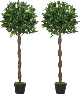 Image de Outsunny Lauriers artificiels topiaires 1,20H m - Lot de 2 lauriers Boules artificiels - 741 Feuilles réalistes par Pied - Tronc Liane - Pot Inclus Noir Vert