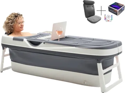 Immagine prodotto di HelloBath® Vasca da bagno pieghevole per adulti XXL, 157x60x48 cm - Con cuscino da bagno, copertura, luce da bagno e rulli massaggianti - Vasca da bagno mobile