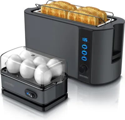 Produktbild von Arendo 2-teiliges Frühstücksset - 4-Scheiben Langschlitz Toaster, 6er Eierkocher, Grau