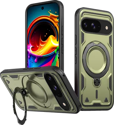 Produktbild von Dual Layer Hülle für Google Pixel 9 / 9 Pro Metall Ring Ständer Magnetisch Stoßfest Militär Handyhülle Grün