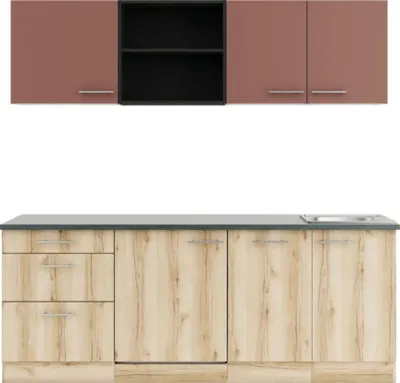 Produktbild von Optifit Küchenzeile mit Geräten Bari407/Livorno290 210 cm rostrot wildeiche matt strukturiert zerlegt Variante reversibel KPBL 2199R-9+
