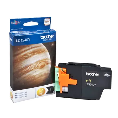 A Brother LC1240Y yellow ink cartridge and its packaging are displayed against a white background.