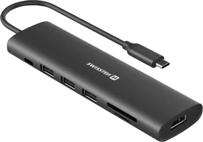 Produktbild von Swissten, USB-C zu USB-C 100W Hub + HDMI + USB + Kartenleser SD/Micro-SD, Schwarz