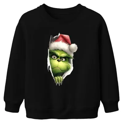 Produktbild von Grinch Weihnachten Gesicht Xmas Geschenk Santa Hut frech lustig Uni Kinder Sweatshirt Pullover, Schwarz, 152