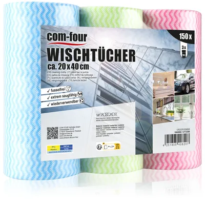 Produktbild von COM-FOUR® 150x Putztücher auf Rolle - Reinigungstücher für Küche, Bad und Haushalt - Mehrzweck-Lappen in drei Farben - Putzlappen