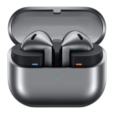 A pair of graphite colored wireless earbuds in their charging case.