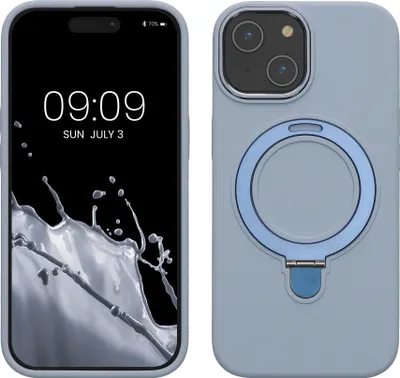 Imagen del producto de Funda kalibri compatible con Apple iPhone 15, funda de silicona compatible con MagSafe, funda con soporte y agarradera, color azul claro