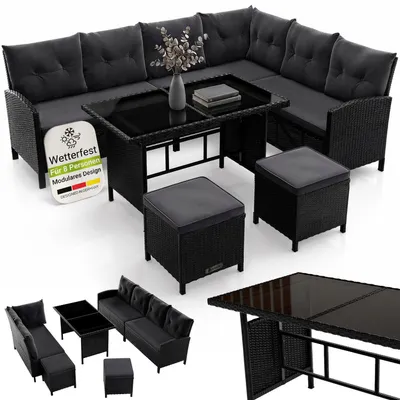 Produktbild von Juskys Polyrattan Lounge Manacor - Sofa, Tisch, Hocker & Kissen - Schwarz & Grau