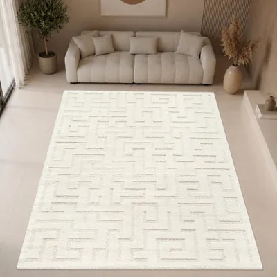 Produktbild von Teppich in Creme mit weicher Struktur und modernem Muster fürs Wohnzimmer Größe - 140 x 200 cm