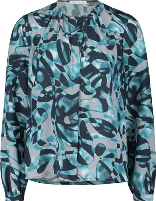 Produktbild von Langarm Bluse mit Rundhals-Ausschnitt, grafischem Muster und Raffung, gerade Passform, 64 cm Gesamtlänge