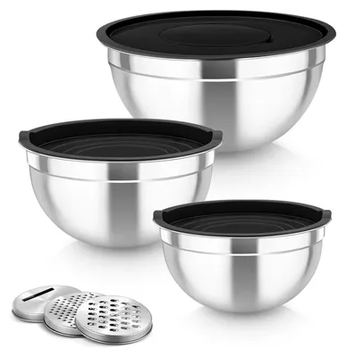 Produktbild von 3-teiliges Salatschüssel-Set aus Edelstahl mit luftdichtem Deckel und 3 Reiben, schwarzes Schüsselset zum Mischen und Rühren, 1,6 l / 2,8 l / 4,6 l, stapelbar