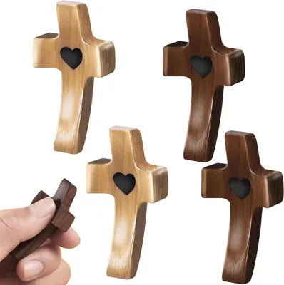 Productafbeelding van Houten Kruisjes Set - Hand Kruisjes - Gebed en Meditatie - Handgesneden Hartmotief - 5 cm - Natuurlijk Hout