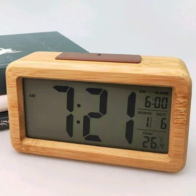 Image de Radio-réveil numérique avec thermomètre, calendrier et fonction snooze, en bois massif, étanche, horloge de bureau, éléments en bambou