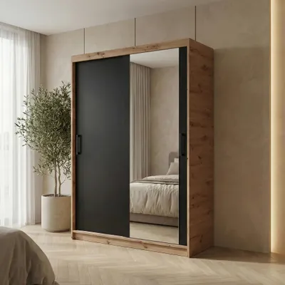 Produktbild von BEAUTYSOFA | Schwebetürenschrank HELA 120 cm Eiche Artisan + Schwarz – 2-türig Moderner Kleiderschrank mit Spiegel und Schiebetüren
