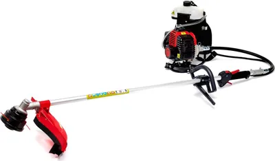 A backpack string trimmer is shown against a white background.