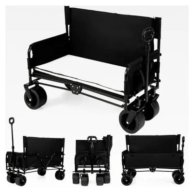Produktbild von Faltbarer 2-in-1 Bollerwagen mit Sitzbank, Strandwagen mit verstellbarem Griff, Kissen und Seitentaschen, Handwagen bis 80 kg belastbar, Gartenwagen für Camping und Einkaufen (Schwarz)