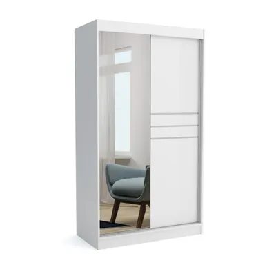 Produktbild von Kleiderschrank TOM II 120 WHITE, 120x60x215 cm – Schiebetüren mit Spiegel, Kleiderstange & Regalböden, Garderobenschrank, Moderner Kleiderschrank