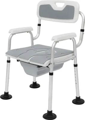 Immagine prodotto di Sedia da doccia e da comodo - Sedia da notte/sedia da comodo - Regolabile in altezza - Braccioli e schienale - Secchio estraibile anteriore - Portata 150 kg - Struttura in alluminio, sedile in EVA antiscivolo - Grigio