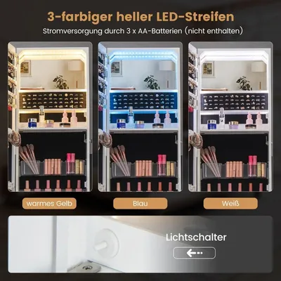 Produktbild von Schmuckschrank mit Spiegel Spiegelschrank abschließbar mit 3 farbigen LED Beleuchten 41 x 35 x 166 cm Weiß