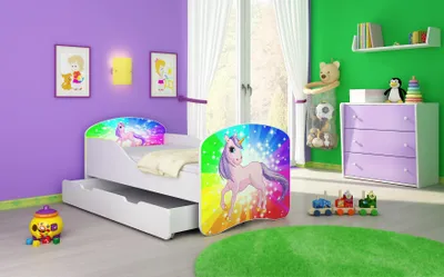 Produktbild von ACMA I Jugendbett Kinderbett Junior-Bett Komplett-Set mit Matratze Lattenrost Weiß 18 Pony Regenbogen 160x80 + Bettkasten