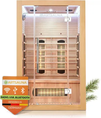 Produktbild von Artsauna Infrarotkabine Kiruna120 mit 5 Vollspektrum- & 3 Flächenstrahler, 2 Personen, 120 x 105 x 190 cm, LED Farblicht & Glastür, Infrarotsauna Sauna