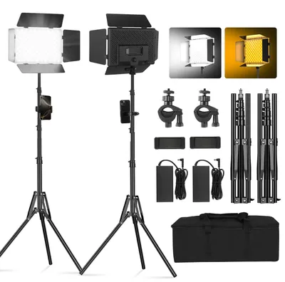 Productafbeelding van Set van 2 Bi LED Videopaneel Lampen met Statief en Telefoonhouder, Dimbaar 2500-6500K