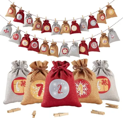 Image de Calendrier de l'Avent à remplir Sacs en jute Set de 24 Sacs cadeaux Enfants Rouge-Gris