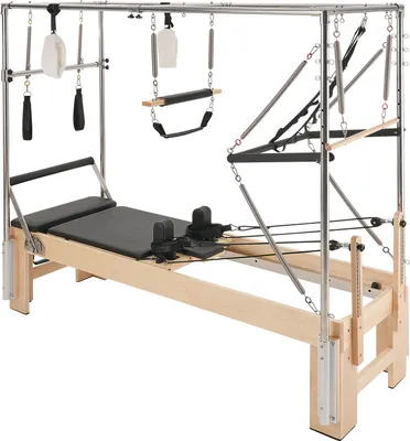 Produktbild von SucceBuy Pilates-Reformer aus Holz für das Heim-Fitnessstudio, Trainingsgerät mit zweifachem Widerstand, Reformer-Box und Sprungbrett, geeignet für Anfänger und Fortgeschrittene, belastbar bis zu 181,44 kg