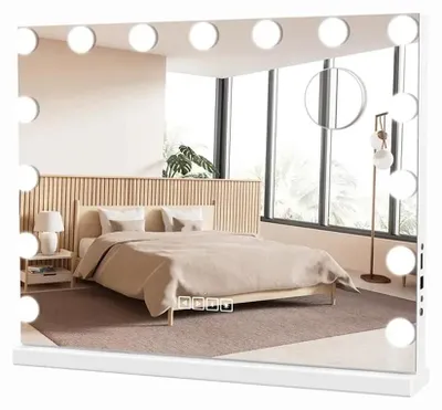 Produktbild von Hollywood Spiegel - Schminkspiegel - LED-Beleuchtung mit 15 Dimmstufen - USB-Ladeanschluss - Bluetooth-Lautsprecher - Maße 58 x 46 cm - Weiß