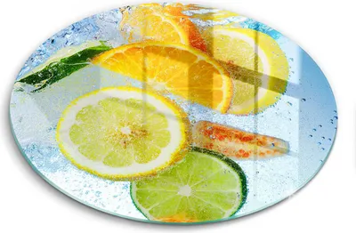Zdjęcie produktu dla Szklana deska do krojenia - Deska kuchenna - ⌀40 cm – Szkło hartowane – Antypoślizgowa - Soczyste Cytrusy Woda